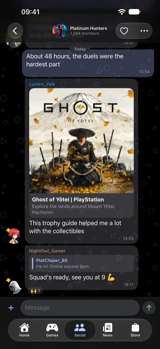 A community conversation with a rich link preview card for a PlayStation game page.
