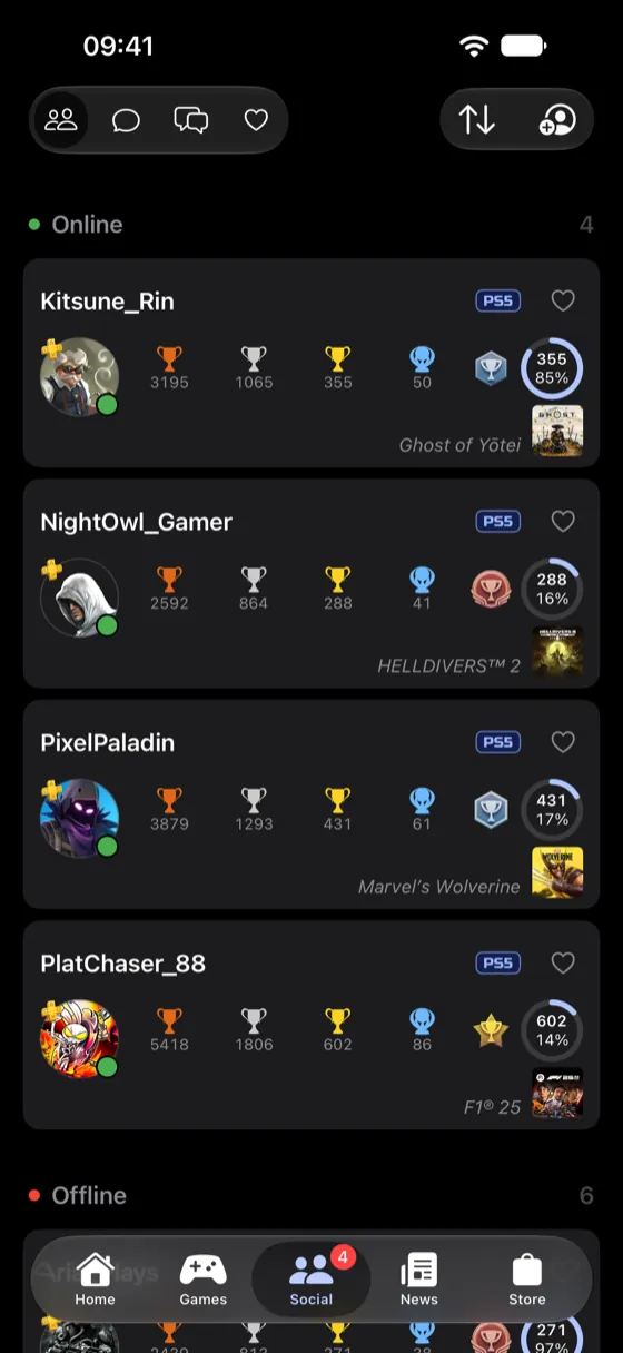 The friends list, showing who is online and what they are playing.