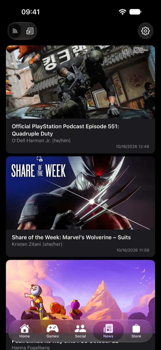 PlayStation news articles in a scrolling feed.