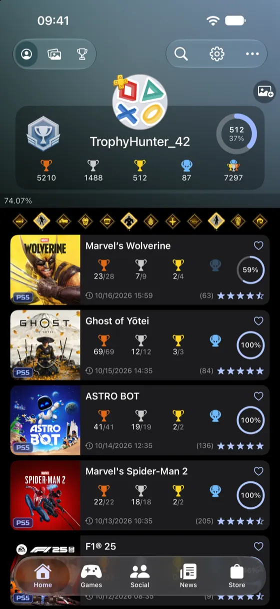 The PS Trophies profile screen, showing trophy level, completion percentage and a list of recently played games.