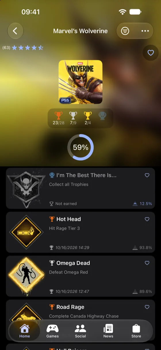 A game's trophy list, each row showing the trophy tier, rarity and whether it has been earned.