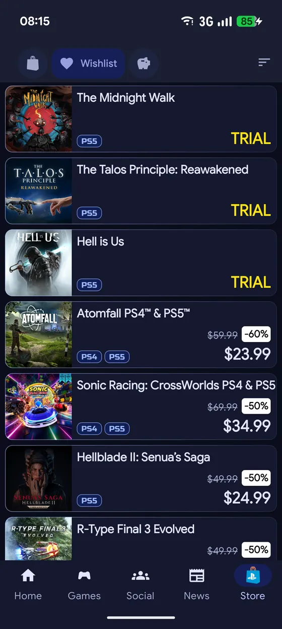 The deals list, showing discounted PlayStation Store games with their reduced prices.