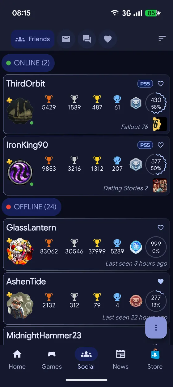 The friends list, showing who is online and what they are playing.