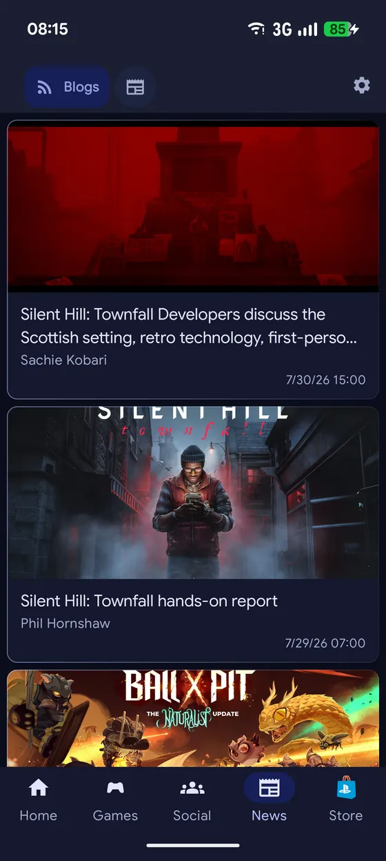 PlayStation news articles in a scrolling feed.