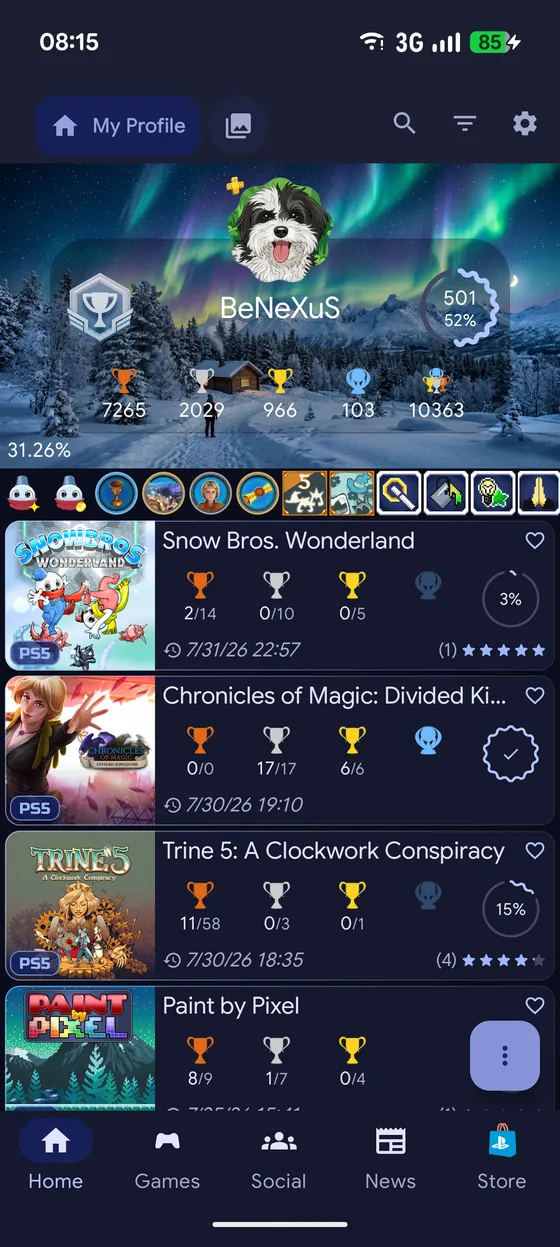 The PS Trophies profile screen, showing trophy level, completion percentage and a list of recently played games.