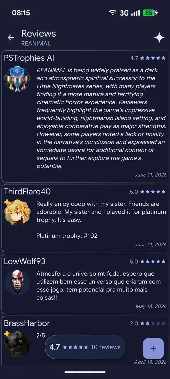 Player reviews for a game, with an overall rating summary.