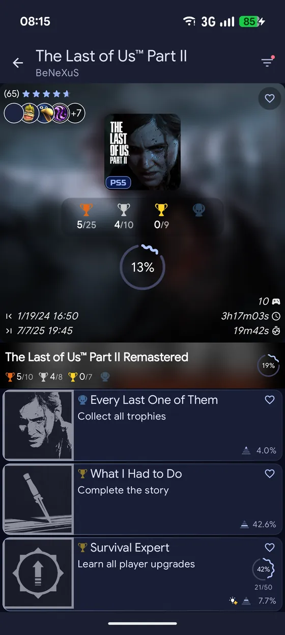 A game's trophy list, each row showing the trophy tier, rarity and whether it has been earned.
